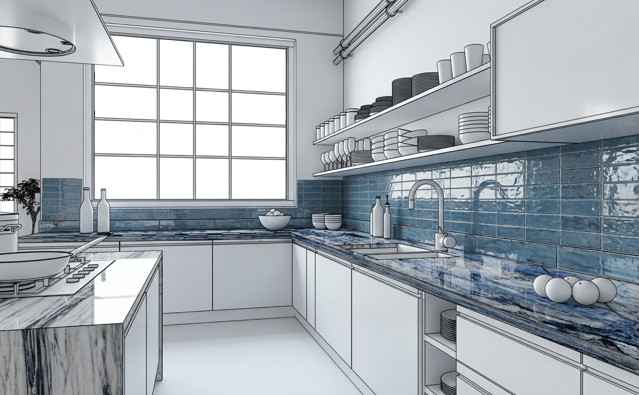 Oxford Blue Kitchen Retreat — Sink + Backsplash View