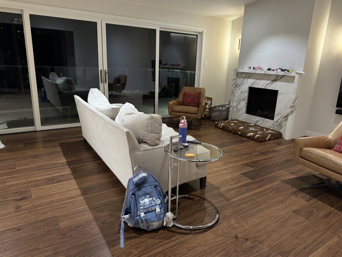 Walnut & Ochre Modern Kitchen — Flooring + Living View